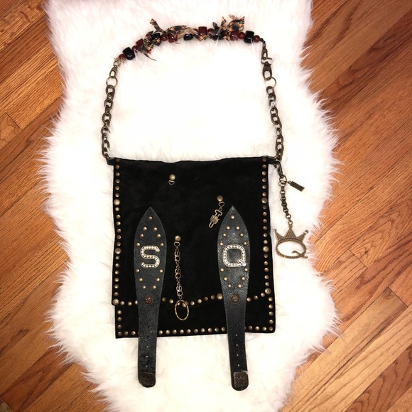 SAVE THE QUEEN Black Suede Studded Lucite Beads Strap Crossbody Bag Keychain - Picture 1 of 8